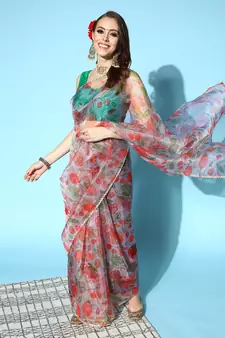 Sea Green Printed Organza Saree With Blouse