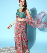 Sea Green Printed Organza Saree With Blouse