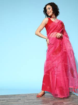 Pink Printed Organza Saree With Blouse 1