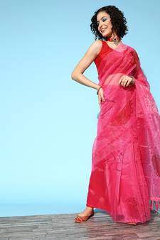 Pink Printed Organza Saree With Blouse