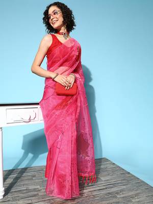 Pink Printed Organza Saree With Blouse 3