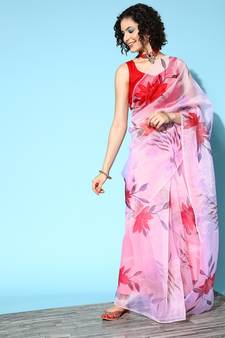 Baby Pink Printed Organza Saree With Blouse
