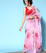 Baby Pink Printed Organza Saree With Blouse
