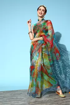 Multicolor Printed Organza Saree With Blouse