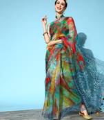 Multicolor Printed Organza Saree With Blouse