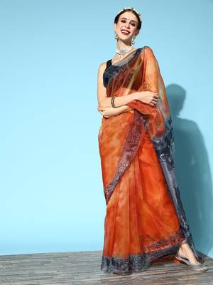 Orange Printed Organza Saree With Blouse 1