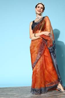 Orange Printed Organza Saree With Blouse