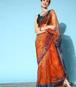 Orange Printed Organza Saree With Blouse
