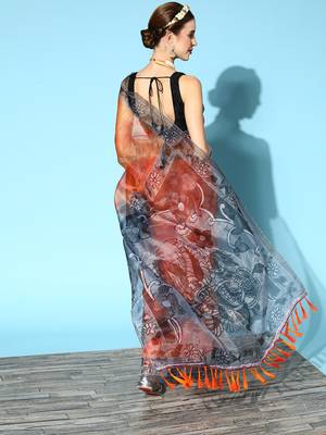 Orange Printed Organza Saree With Blouse 2