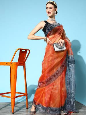 Orange Printed Organza Saree With Blouse 3