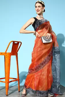 Orange Printed Organza Saree With Blouse
