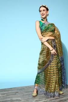 Yellow Printed Organza Saree With Blouse