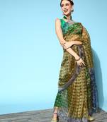 Yellow Printed Organza Saree With Blouse