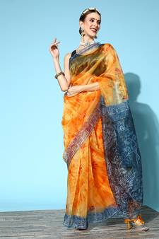 Mustard Printed Organza Saree With Blouse