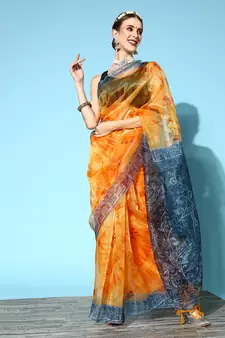 Mustard Printed Organza Saree With Blouse