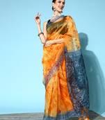 Mustard Printed Organza Saree With Blouse