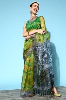 Lime Printed Organza Saree With Blouse