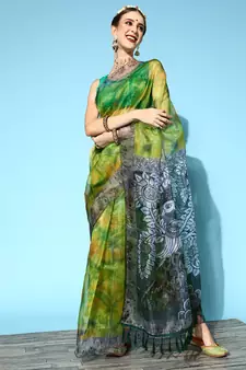 Lime Printed Organza Saree With Blouse