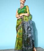 Lime Printed Organza Saree With Blouse