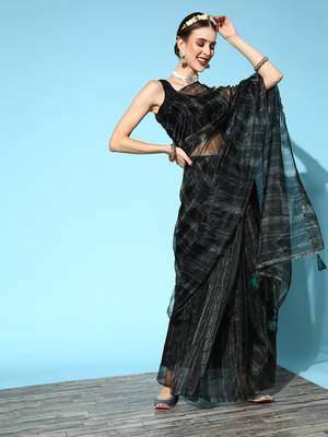 Dark Olive Printed Organza Saree With Blouse 1