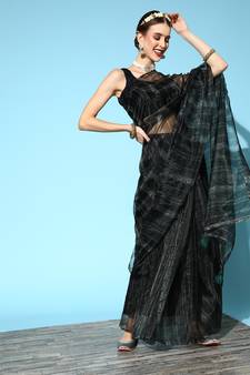 Dark Olive Printed Organza Saree With Blouse