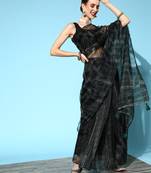 Dark Olive Printed Organza Saree With Blouse