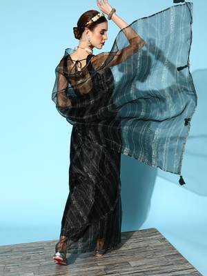 Dark Olive Printed Organza Saree With Blouse 2