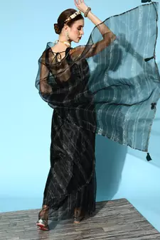 Dark Olive Printed Organza Saree With Blouse