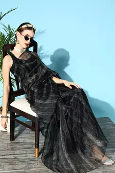 Dark Olive Printed Organza Saree With Blouse
