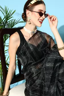 Dark Olive Printed Organza Saree With Blouse