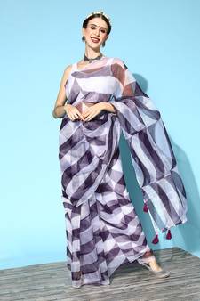 Wine Printed Organza Saree With Blouse