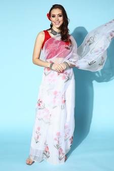 Off White Printed Organza Saree With Blouse