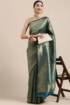 Sky Blue Woven Silk Saree With Blouse