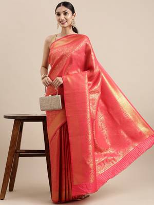 Crimson woven silk saree with blouse 1