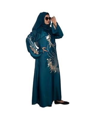 Cyan embroidered art silk abaya 4