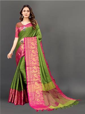 Women'S Designer Green Peacock Design Silk Heavy Border Saree With Unstitched Blouse 1