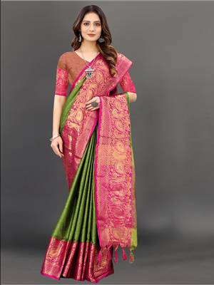 Women'S Designer Green Peacock Design Silk Heavy Border Saree With Unstitched Blouse 2
