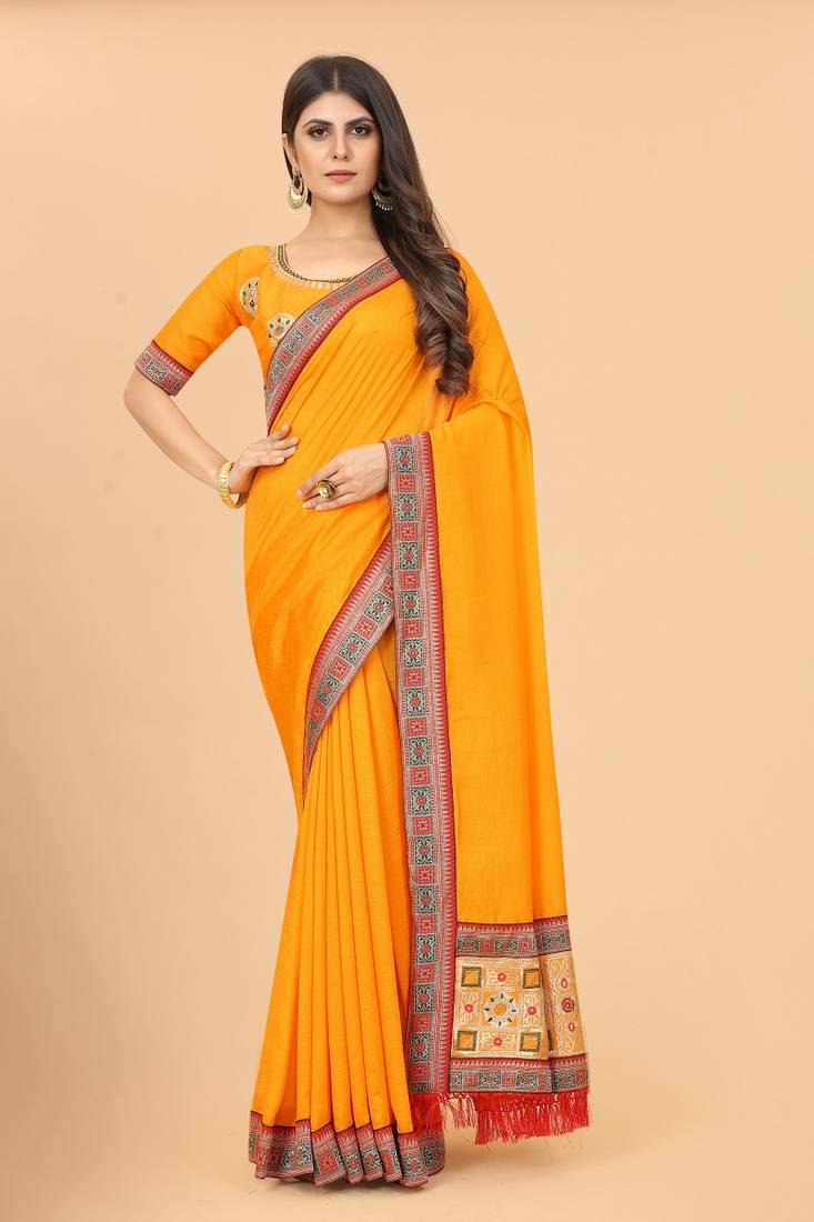 Yellow embroidered silk saree with blouse