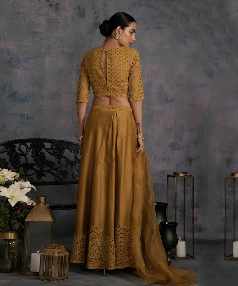 Swarovski Golden Chanderi & Cutwork Lehenga With Crop Top & Dupatta 