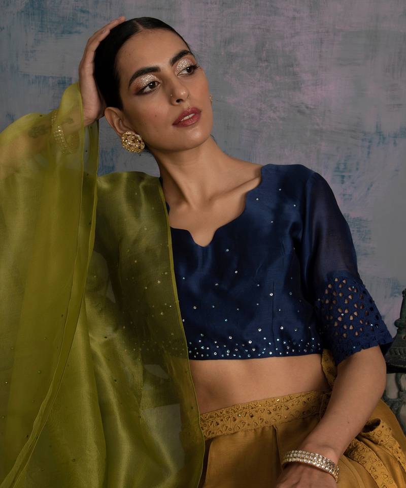 Swarovski Golden Chanderi & Cutwork Lehenga With Midnight Blue Crop Top & Green Dupatta 