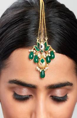 Blooming Lotus Green & Gold Kundan Polki Maang Tikka  2