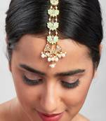 Blooming Lotus Green Enamelled Kundan Polki Maang Tikka With White Beads