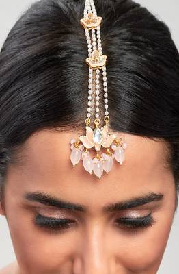 Blooming Lotus Pink Enamelled Kundan Polki Maang Tikka 2