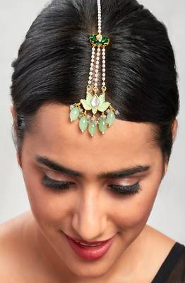 Blooming Lotus Green Enamelled Pearl Strand Maang Tikka 1