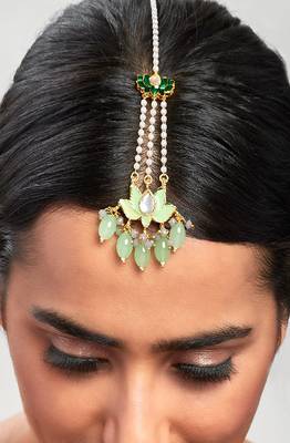 Blooming Lotus Green Enamelled Pearl Strand Maang Tikka 2