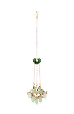 Blooming Lotus Green Enamelled Pearl Strand Maang Tikka 3