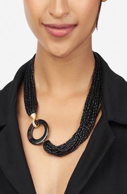 Black & Gold Beaded Necklace With Agate Ring 1