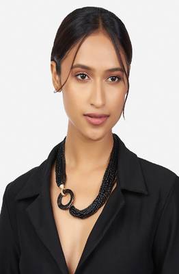 Black & Gold Beaded Necklace With Agate Ring 3