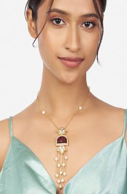 Gold & Red Kundan Polki Pendant Pearl Necklace 2