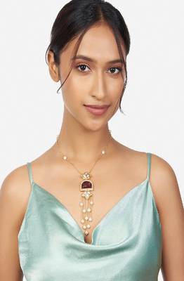Gold & Red Kundan Polki Pendant Pearl Necklace 3
